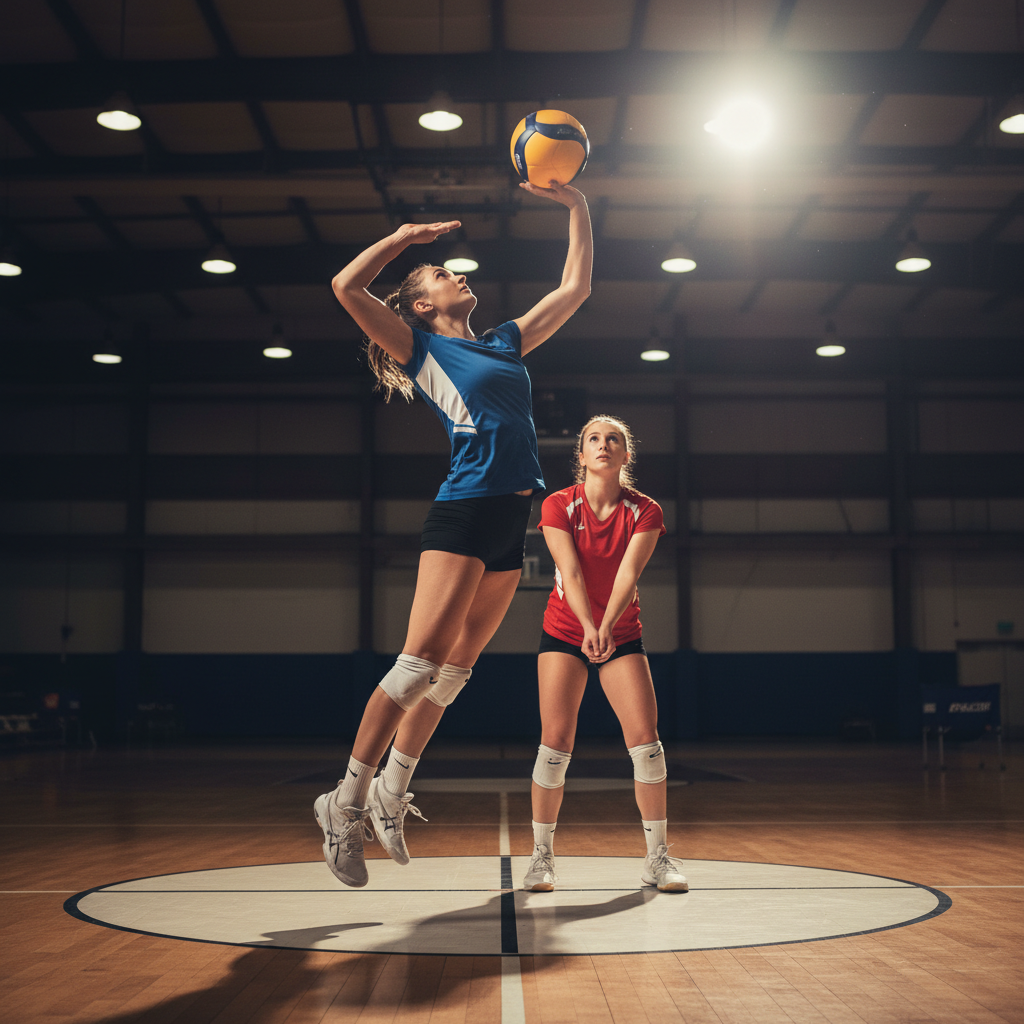 A female volleyball setter jumping in the front row to deliver a back set to a right side hitter on a hardwood court.