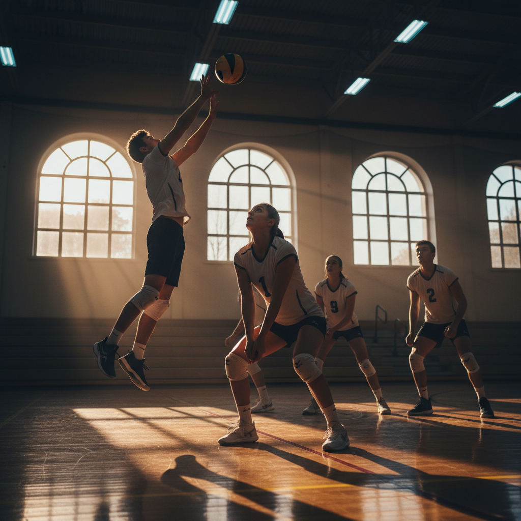 A setter executing a jump set while three attackers prepare for an approach on a bright indoor hardwood court.