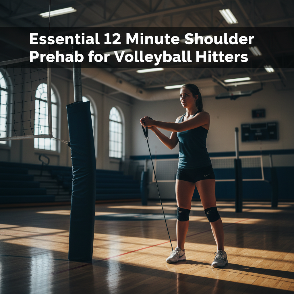 A volleyball player in a well-lit gymnasium performs internal rotation stretches using a resistance band anchored to a volleyball net post.