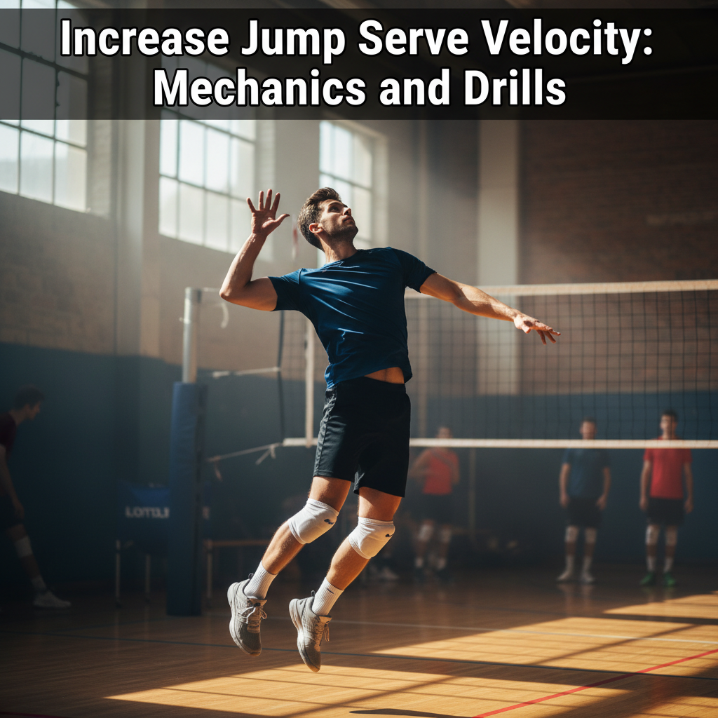 Competitive volleyball player performing a powerful jump serve approach