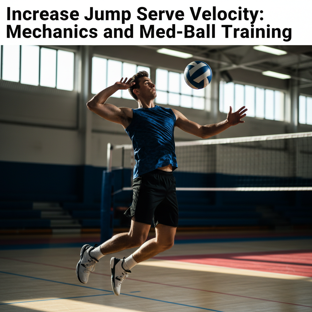 A competitive indoor athlete mid-air during a jump serve approach with high elbow positioning and focused eyes on the volleyball.
