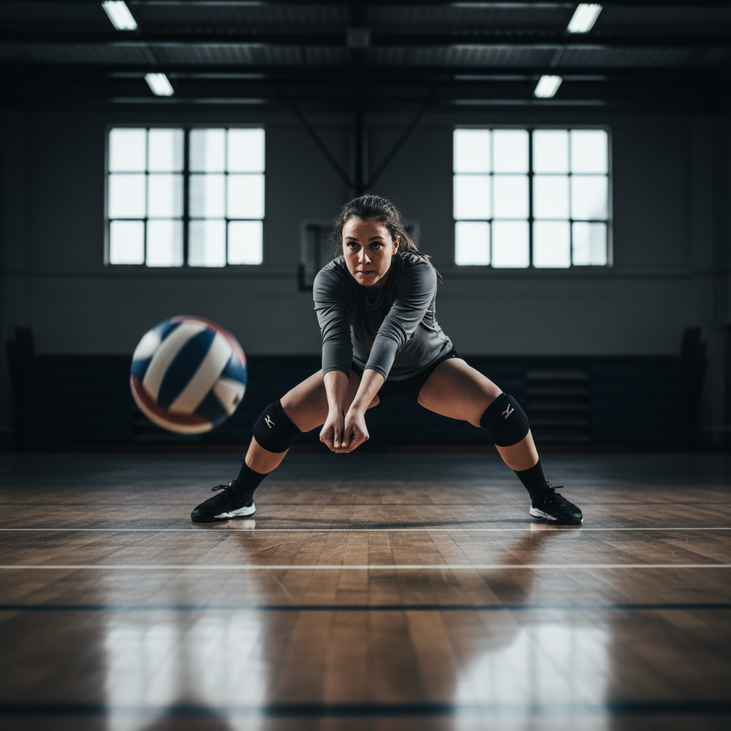 A volleyball player in a low defensive stance on a wooden court, extending arms to form a flat platform as the ball arrives.