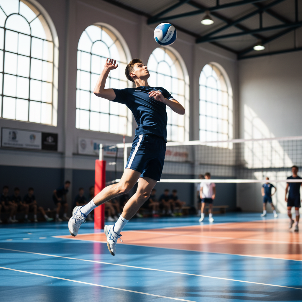 A competitive volleyball athlete mid-air during a full-body extension jump serve under bright indoor gymnasium lighting with a blue court.