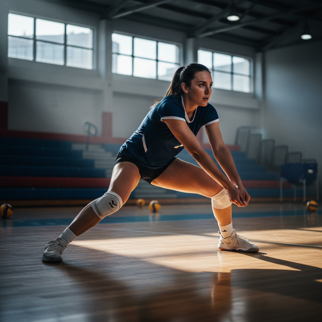 A volleyball player in a low ready position on a wooden court performing a lateral lunge during a defensive drill.