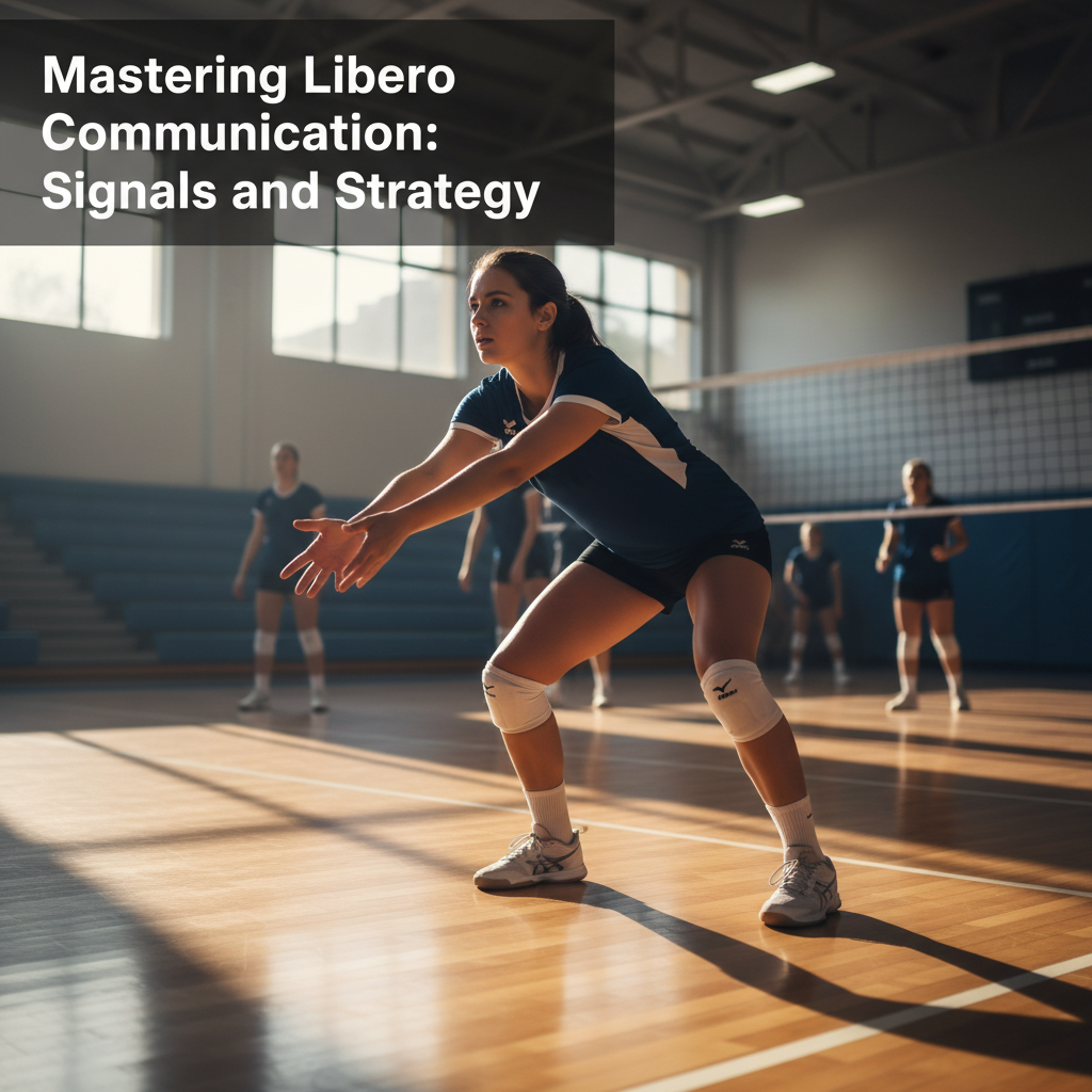 A libero in a navy jersey prepares for serve receive under bright gym lights while signaling with open hands to teammates.