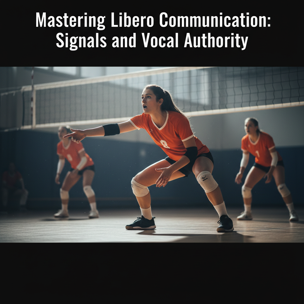 A libero in a bright orange jersey stands low in a ready position, directing teammates with an outstretched hand during serve receive.