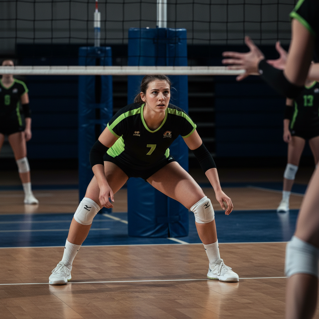 A volleyball middle blocker in a low ready stance at the net with focused eyes watching the opposing setter hands during high-level play.