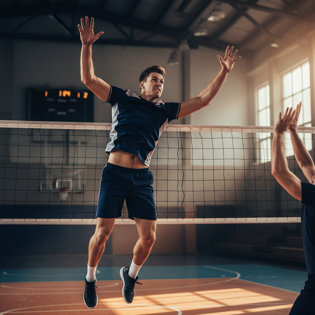 A volleyball middle blocker in mid-air with arms fully extended over the net during a high-intensity indoor match.