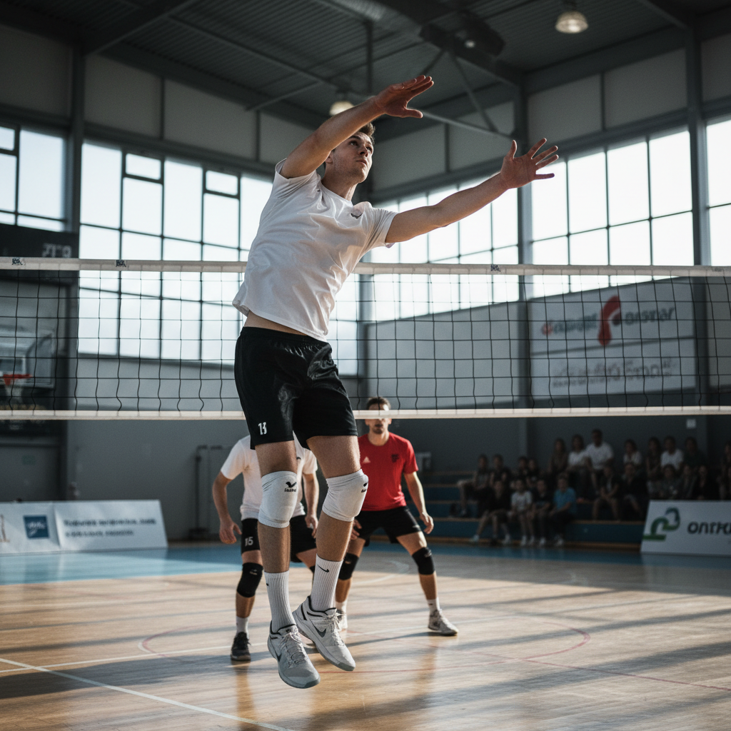 A middle blocker in a white jersey jumping with arms extended over a net during an indoor tournament match.
