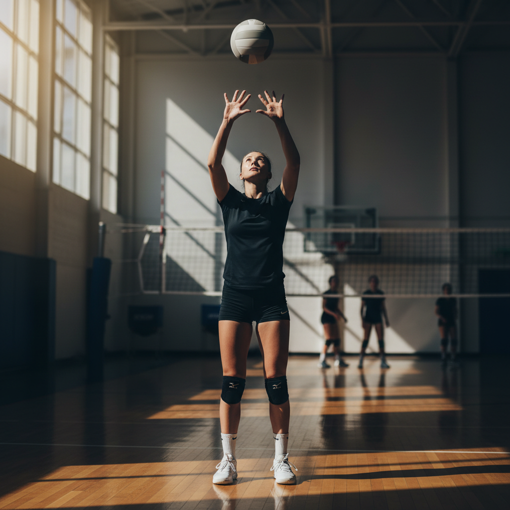 A setter in a gym extending arms upward centered under a volleyball with fingers spread symmetrically in a high triangle shape.