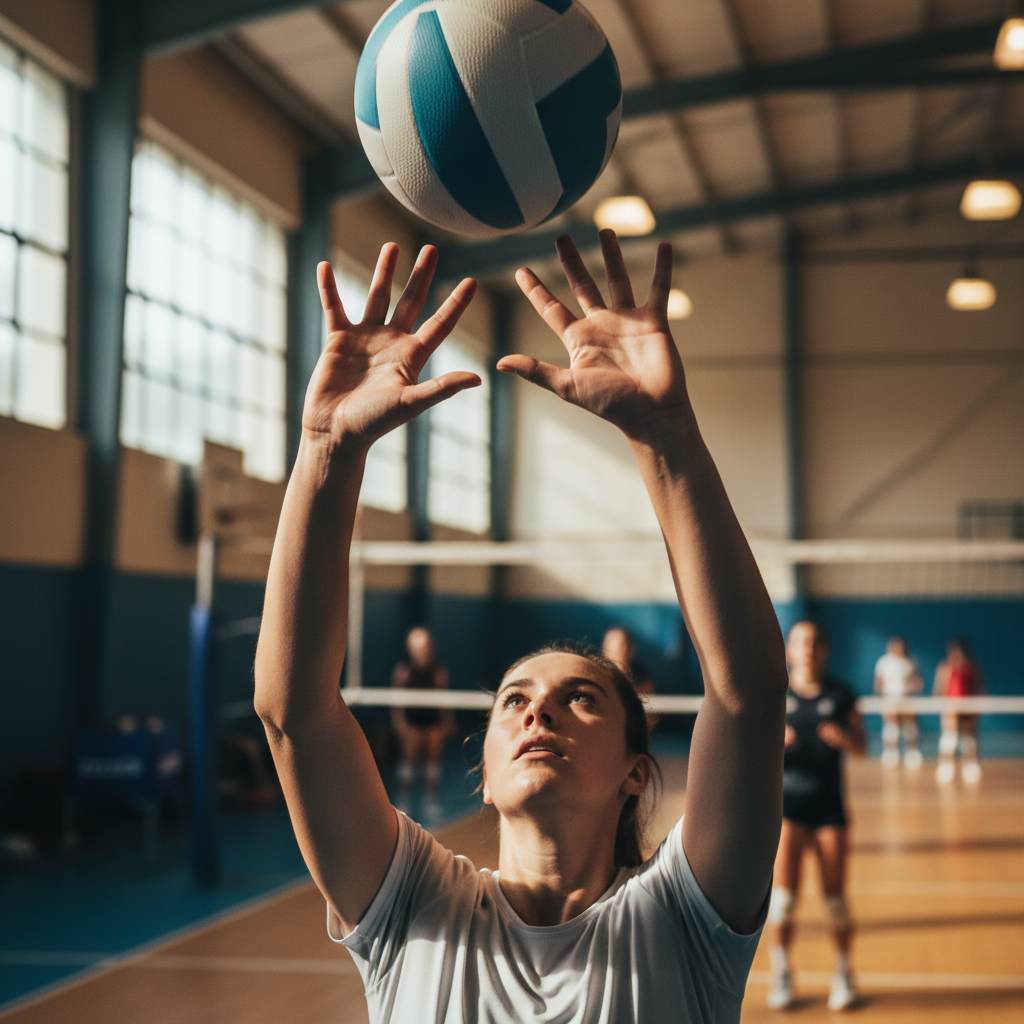 A volleyball setter with high hands and wide fingers creates a triangle shape while preparing to contact the ball during an indoor practice.