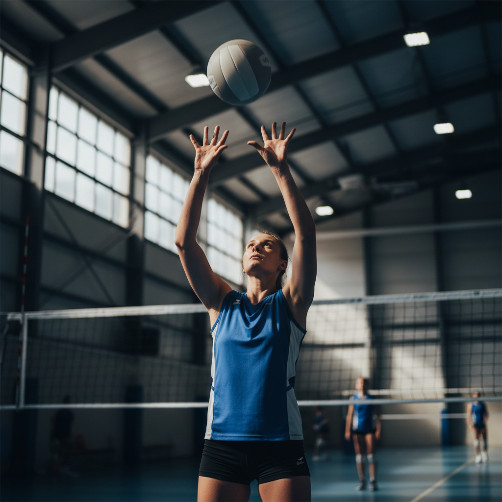 A volleyball player in a gym with high ceilings prepares to set a ball showing open palms and spread fingers.
