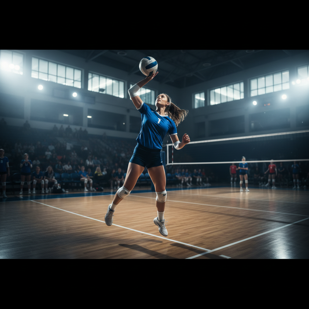 A competitive female athlete in a blue jersey soaring high during a dynamic volleyball spike under bright stadium lighting
