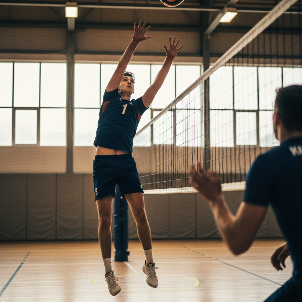 A middle blocker at peak vertical reach tracking the ball while watching the opposing attacker's hitting shoulder in a gymnasium.