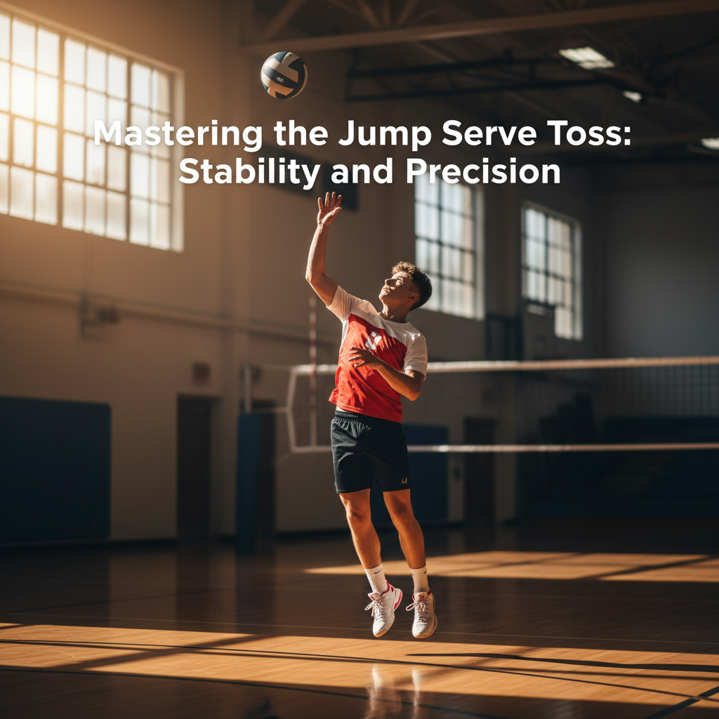 A high-school athlete leaping behind the baseline with one arm extended toward a volleyball at the peak of its trajectory.