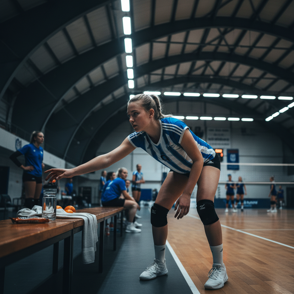 A competitive volleyball player reaching for a water bottle on a sideline bench under bright indoor gymnasium rafters during a timeout.