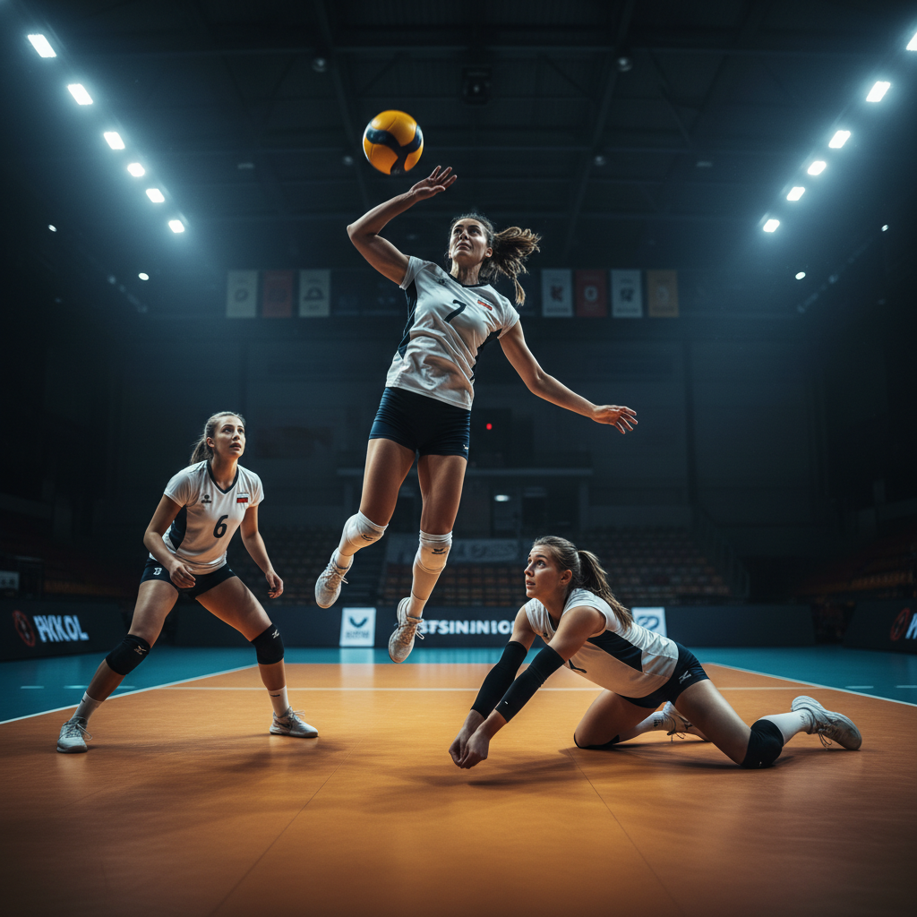 A female outside hitter executes a mid-air attack under bright arena lights while teammates prepare for a defensive transition below.