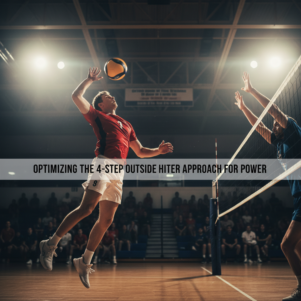 A competitive volleyball player in mid-air performing a powerful spike over a net during an indoor tournament with bright stadium lights.