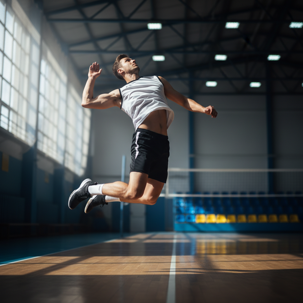 A volleyball player in a bright gym reaching peak jump height, torso coiled during the mid-air hitting approach sequence.