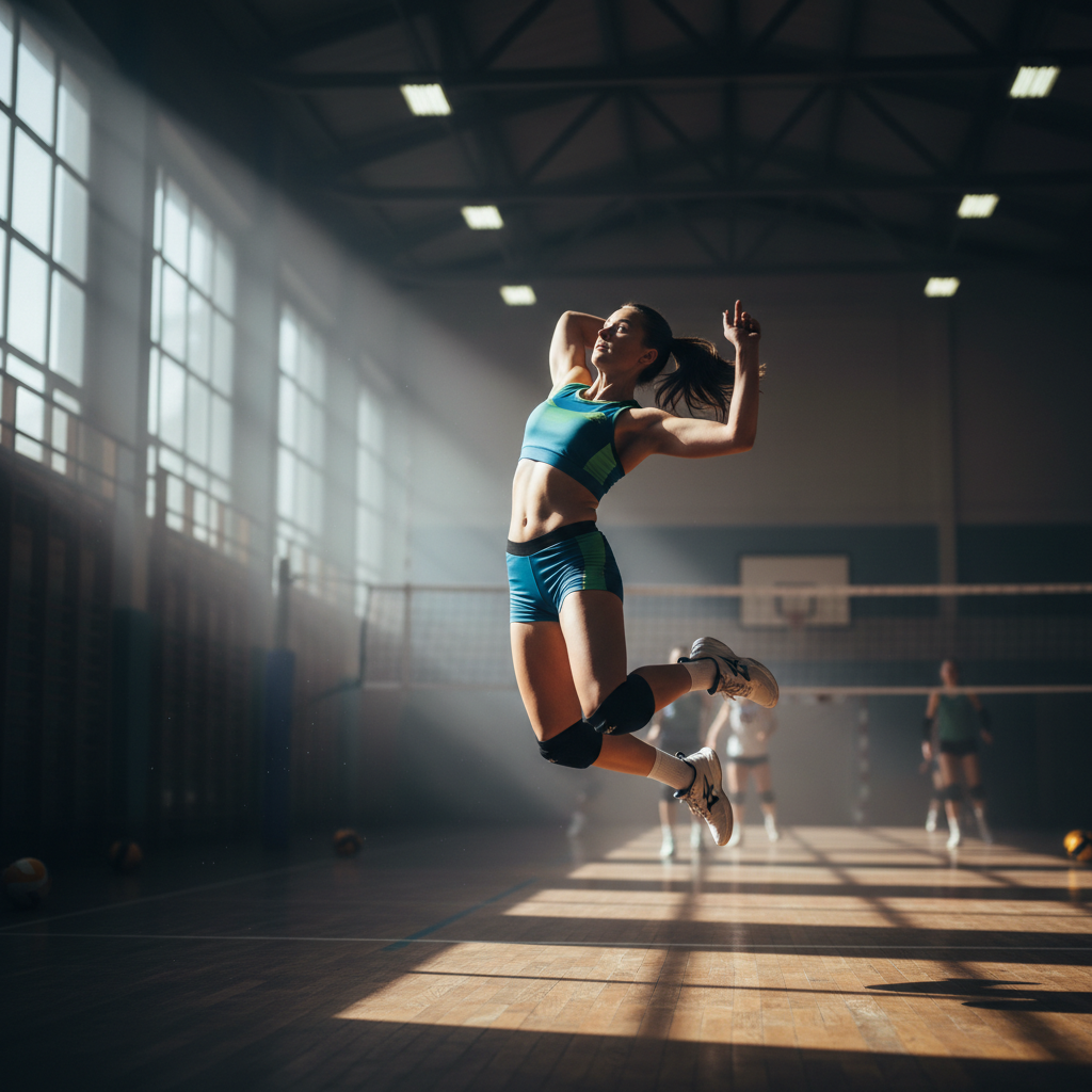 A female volleyball player mid-air in a gym executing a powerful cross-body swing with focused expression during a morning practice session.