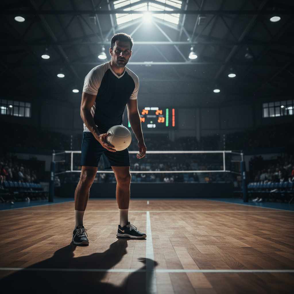 A volleyball player stands at the baseline with a ball, deep in concentration under bright gym lights during a match.