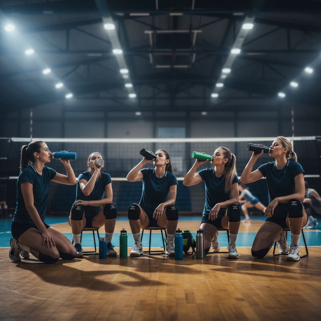 Competitive volleyball players sitting on a court sideline during a break, drinking from reusable water bottles under bright gym lights.