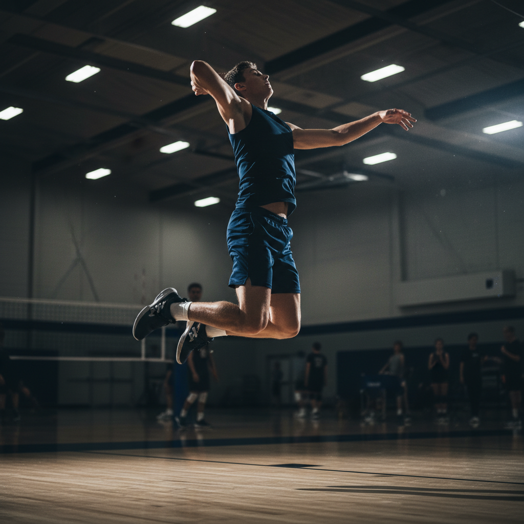 A high-school athlete in a dark jersey performs a max vertical approach jump on a wood court under bright arena lights.