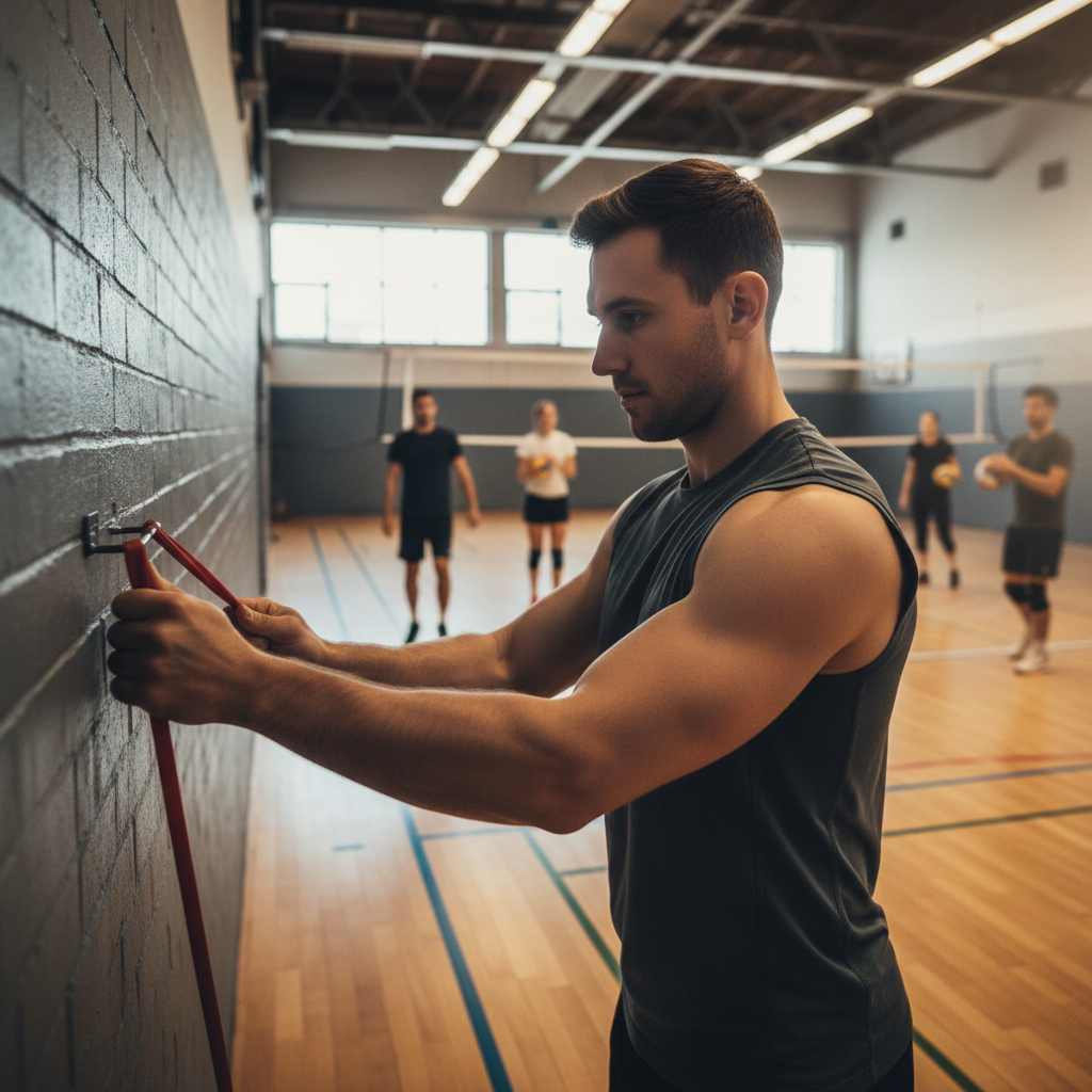 A volleyball hitter adjusts a resistance band on a gym wall while teammates warm up on a bright court.