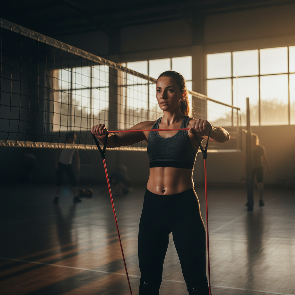 A volleyball player in a bright gym performing resistance band external rotations while standing near the net during a sunset practice session.